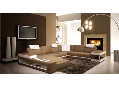 XXL Living landscape U-shape leather sofa Upholstery Corner sofa Sofa Couch Leather Textile USB