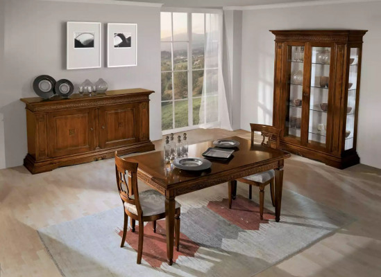 Suite set 7 pieces. Dining room Dining table 4x Chairs Display case Luxury Wood Furniture