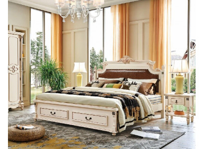 Elegant double bed with pull-out drawers and two bedside tables