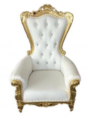 Elegant white armchair with a dynamic silhouette and magnificent decorative elements in the form of floral patterns