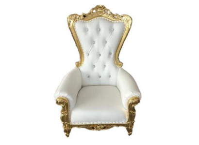 Elegant white armchair with a dynamic silhouette and magnificent decorative elements in the form of floral patterns