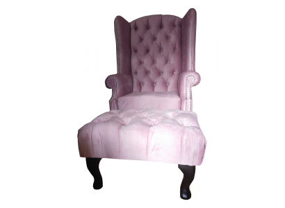 Chesterfield Wing Chair Stool Velvet Pink Seat Lounge Relax Lounge Club