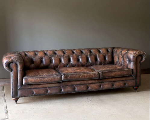 Brown Chesterfield 3-Seater Leather Sofa Couch English Style Furniture