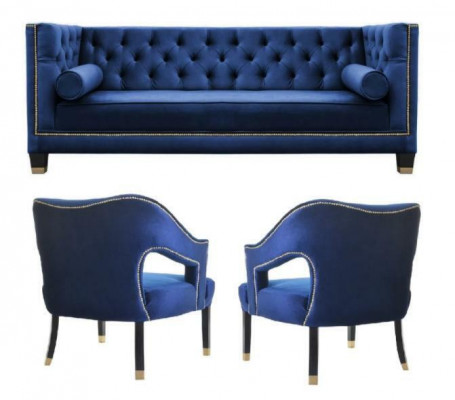 Luxury Blue e Chesterfield Sofa Set Armchair + Three Seater 3+1+1 Set