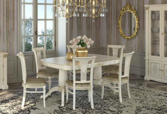 Dining table Suite Table + 6x Chairs Chair Dining room Suite Solid wood Textile 7 pieces.