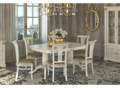 Dining table Suite Table + 6x Chairs Chair Dining room Suite Solid wood Textile 7 pieces.