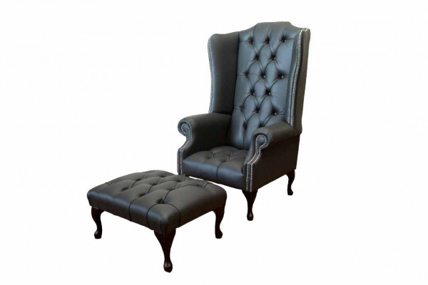 Armchair with Stool Designer upholstered armchair Chesterfield wing chair new