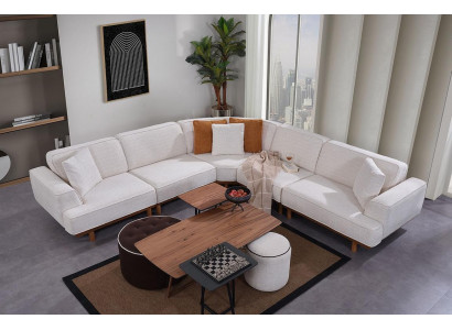 White Living room 6-piece set Designer Upholstery Corner sofa 2x Stool Coffee table