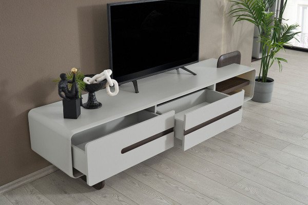 White Wall unit Wood TV cabinet Designer wall shelves Living room Lowboard 3 pieces